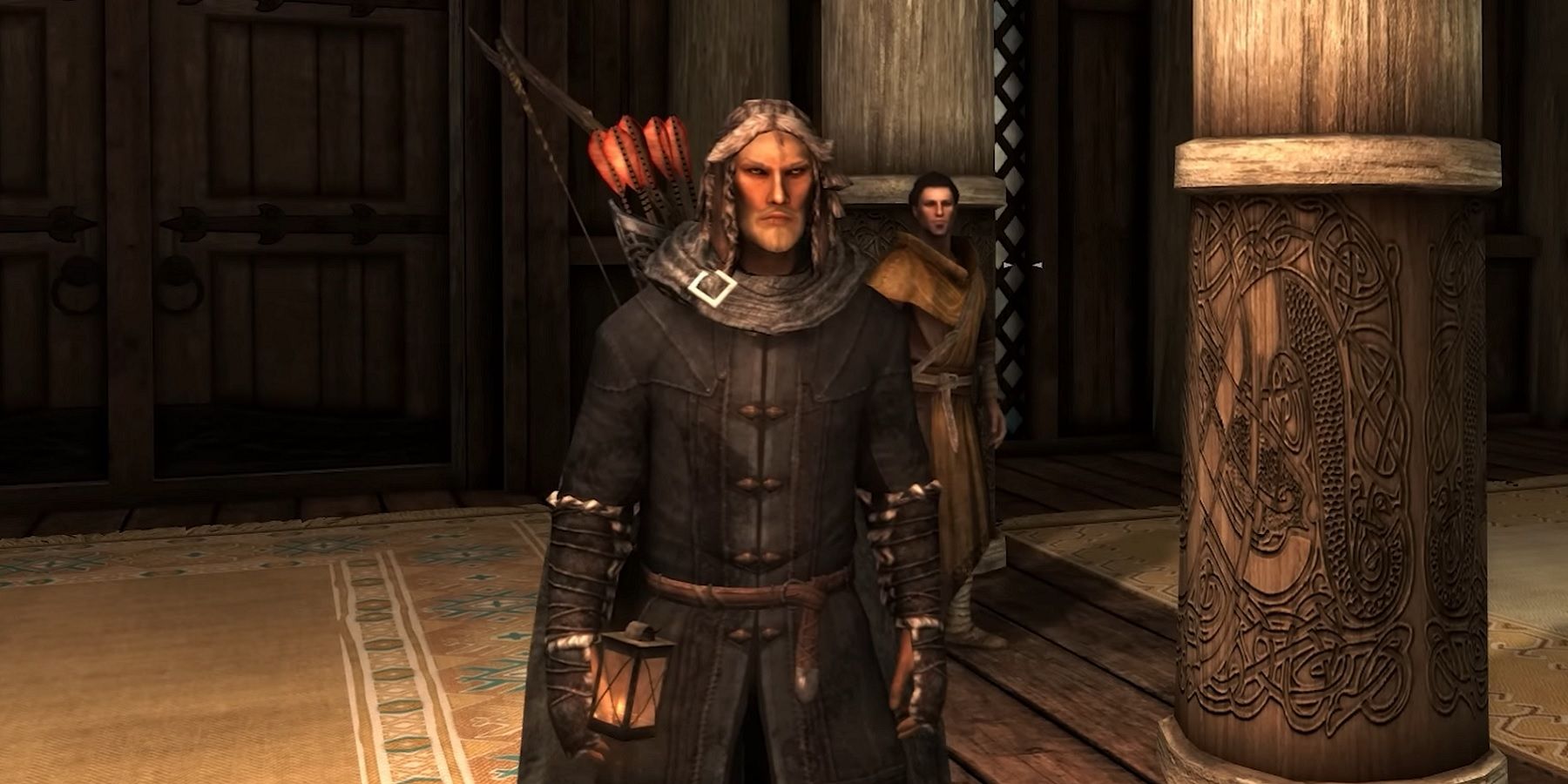 Image from Skyrim showing the player with an arrow quiver and bow.