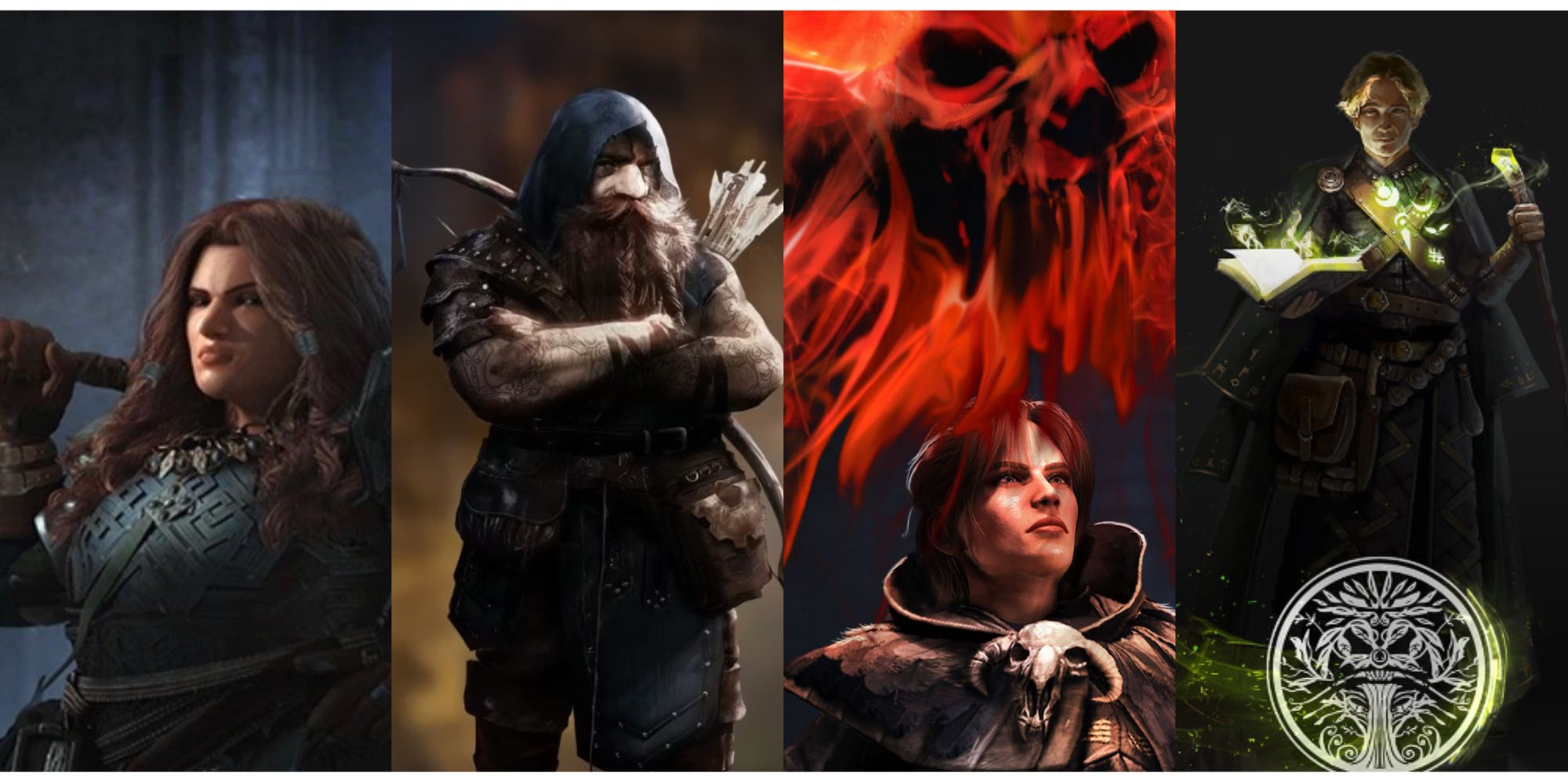 split image of a Cleric, Ranger, Warlock, and Wizard in Solasta: Crown of the Magister