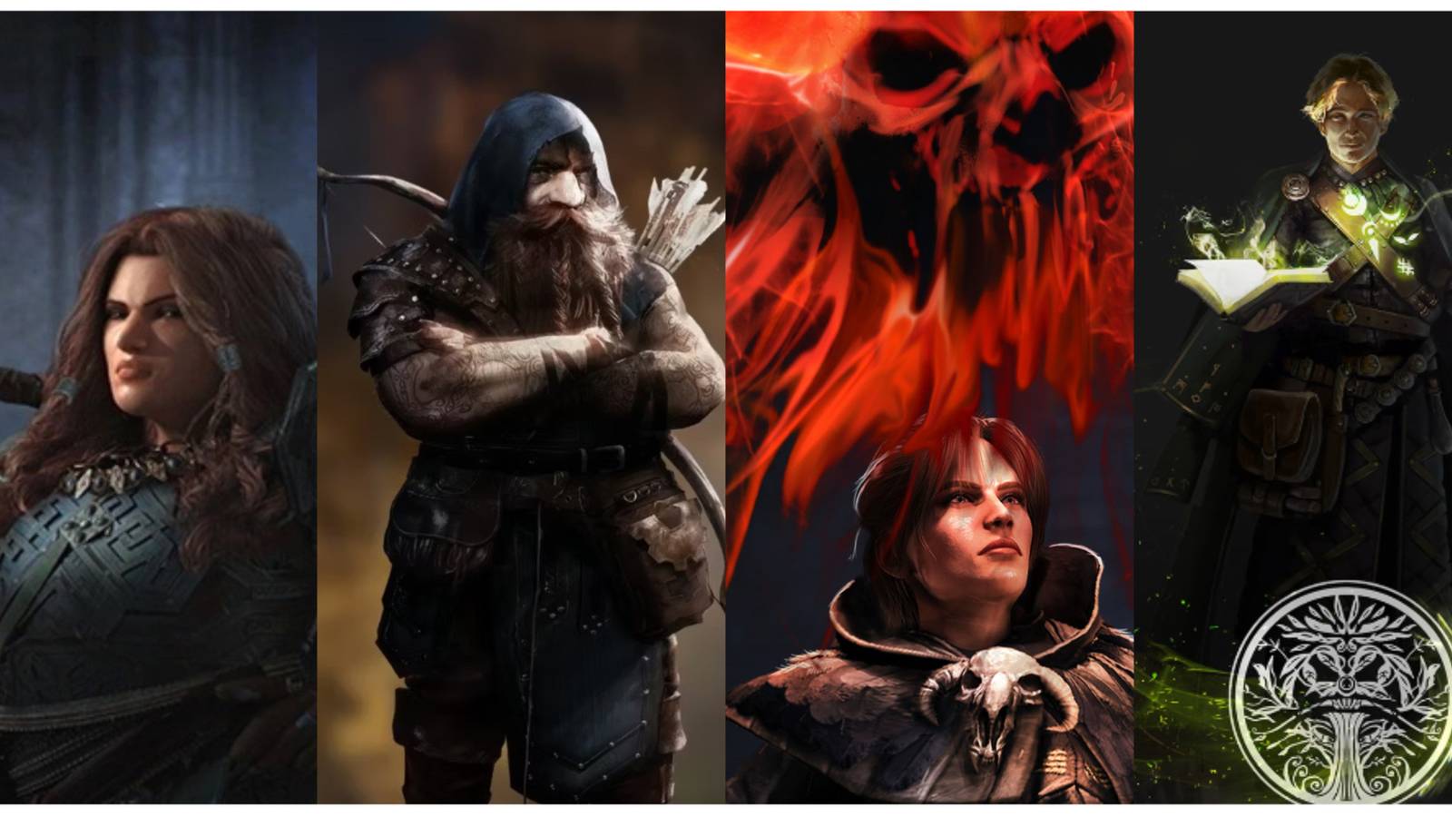 split image of a Cleric, Ranger, Warlock, and Wizard in Solasta: Crown of the Magister