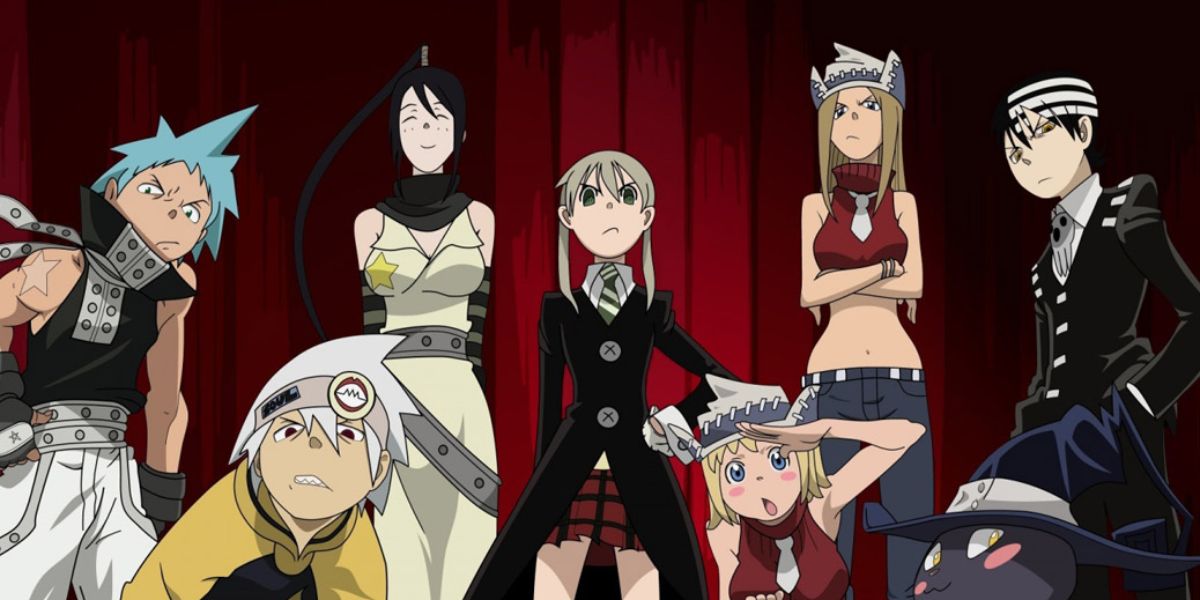 Black Star, Soul eater Evans, Tsubaki, Maka, Patricia, and Death the Kid, together.