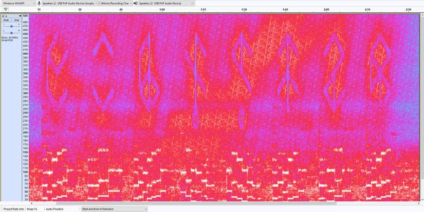 a spectrogram showing some of the runic characters from Tunic accompanied by lines, delineating an arpeggio.