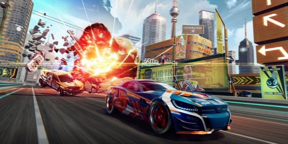 splitsecond cars racing with an explosing the background 