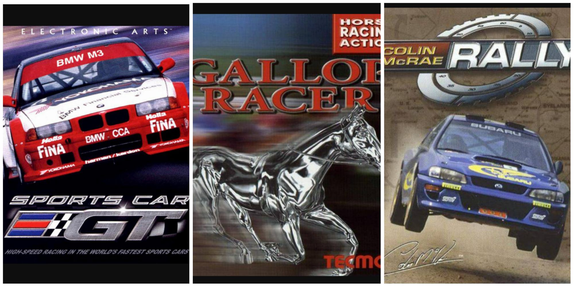 sports car gt box art vehicle, gallop racer box art silver horse, colin mcrae rally box art rally car featured