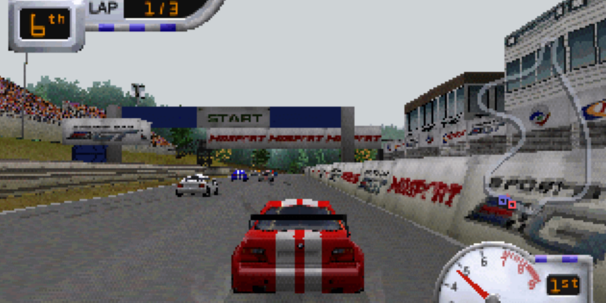 sports car gt ps1 showing a red and white striped car on a track
