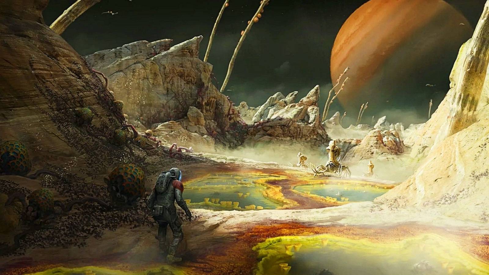 Image from Starfield showing an astronaut on a desolate planet with another planet looming in the background.