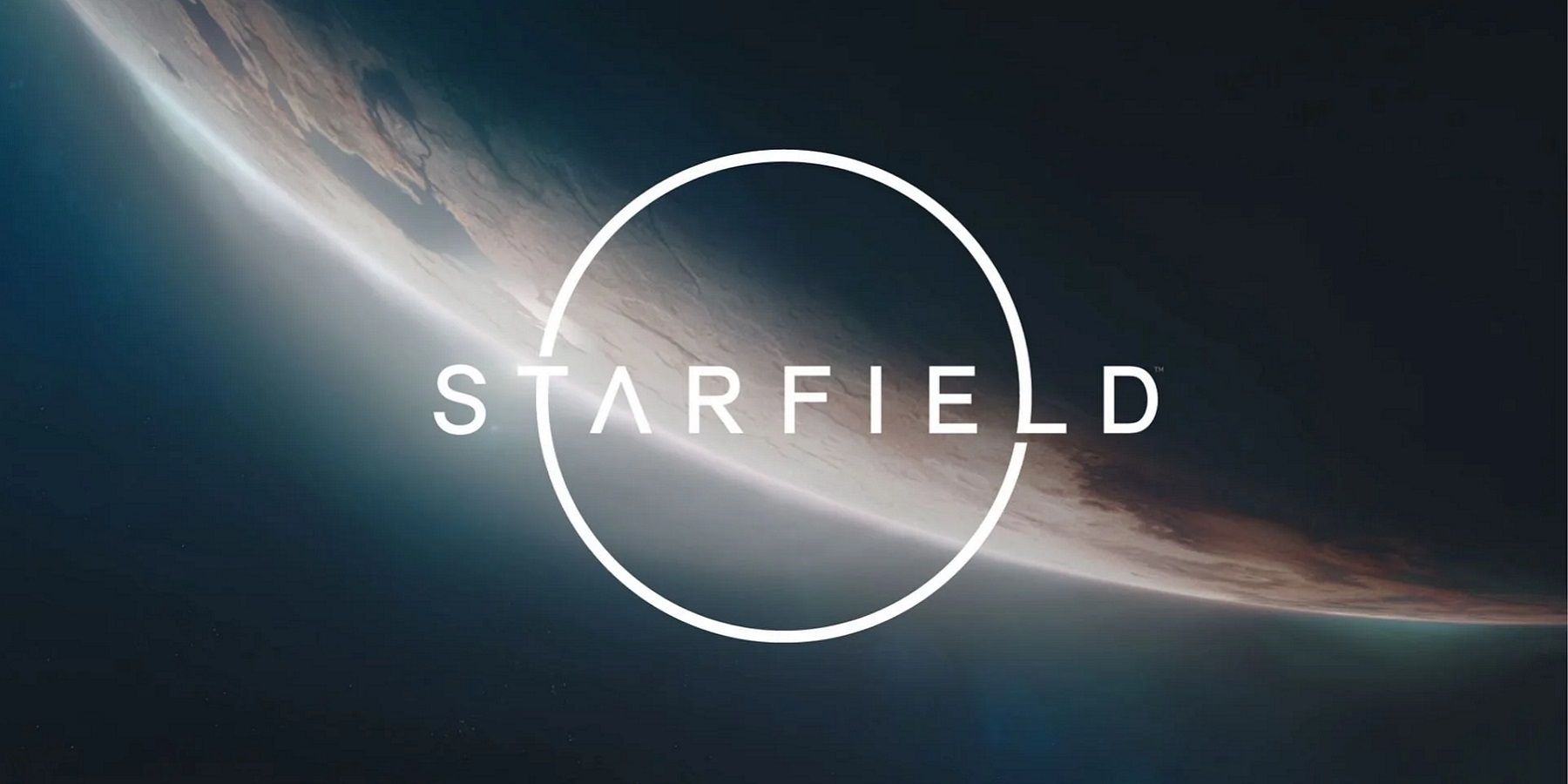 The Starfield logo with a looming planet behind it.