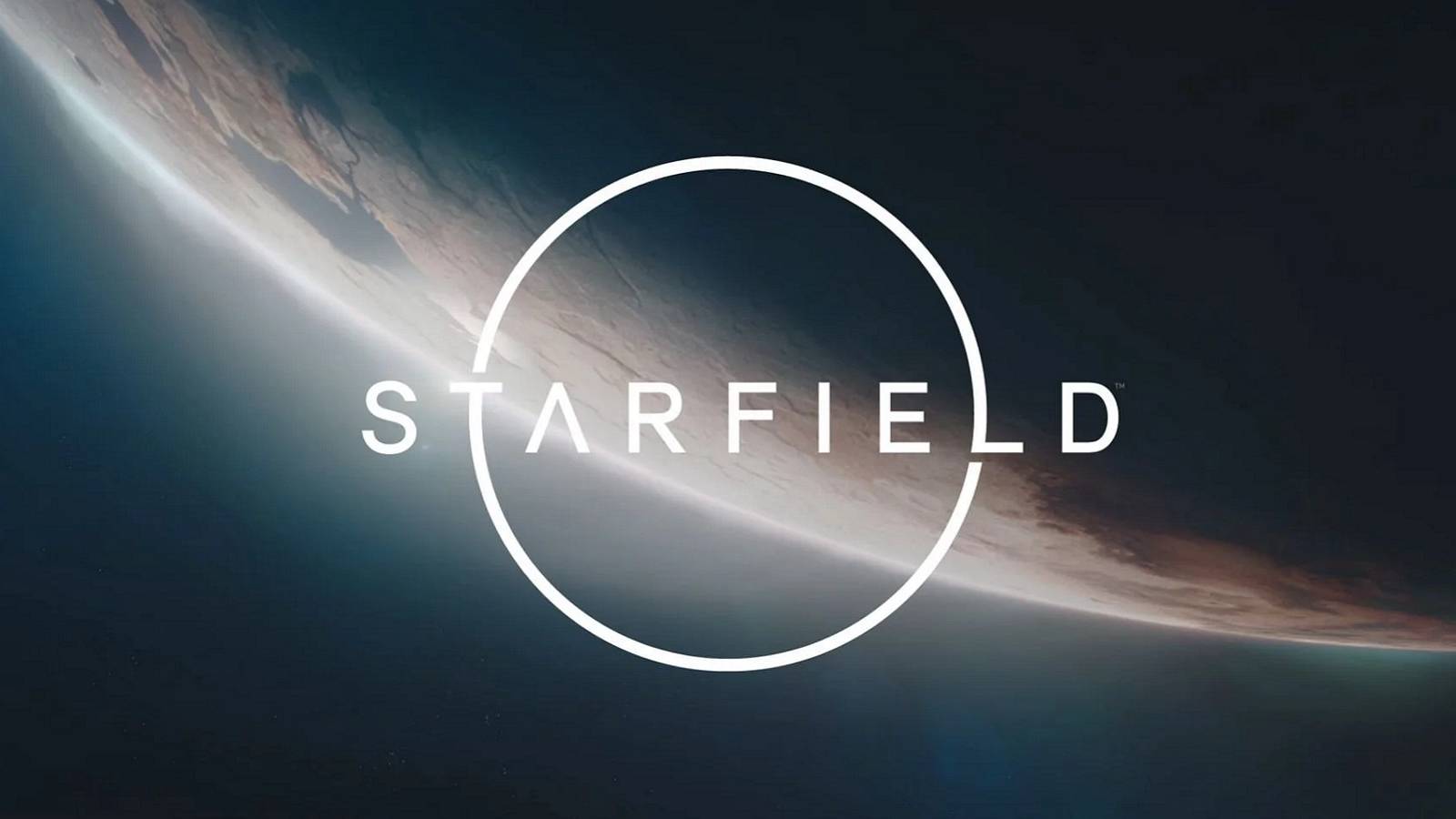 The Starfield logo with a looming planet behind it.