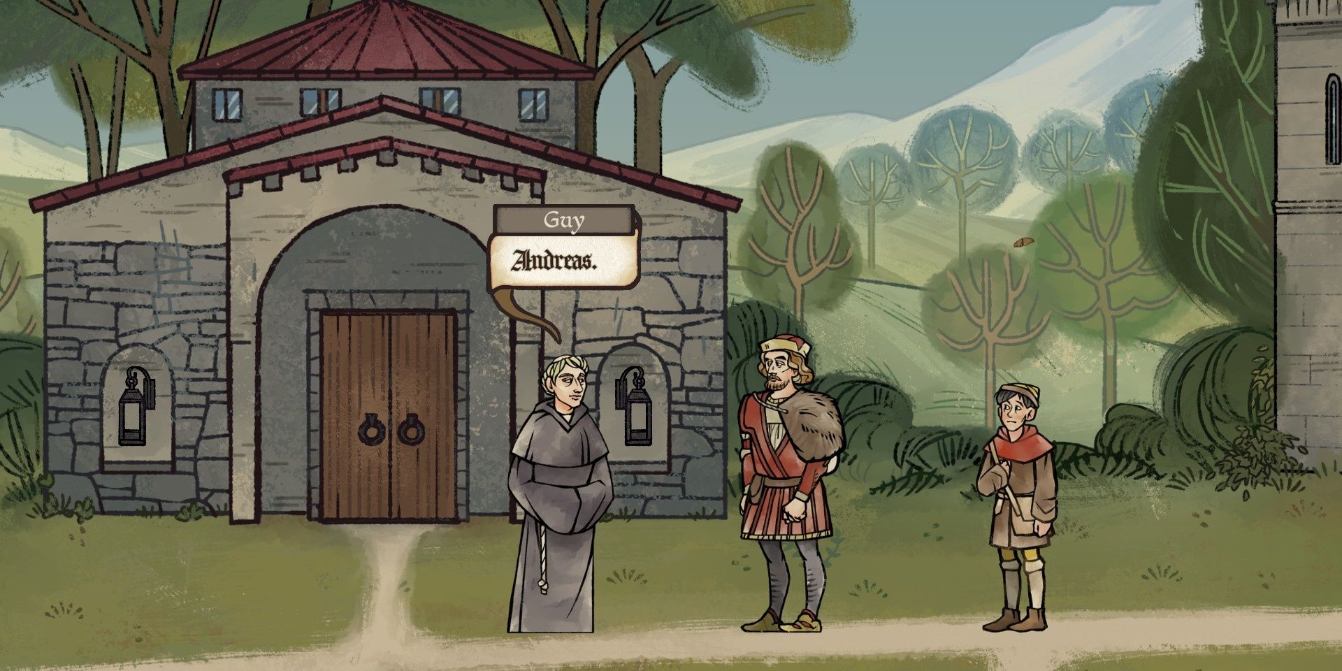 a screenshot of Andreas talking to another character 