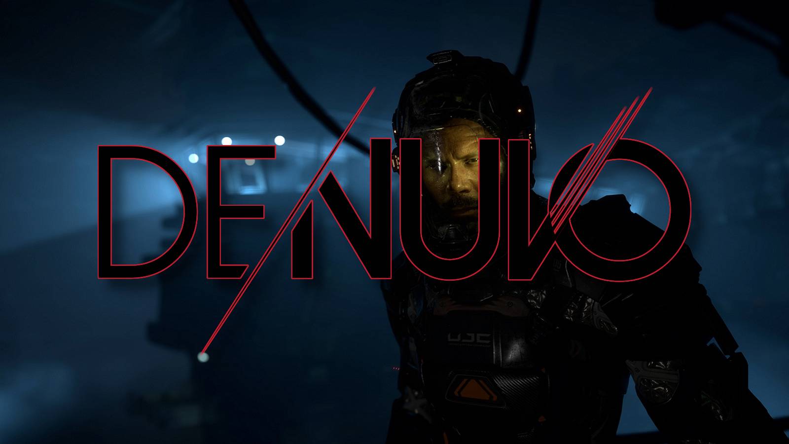 Image from The Callisto Protocol showing Jacob Lee with the Denuo logo in front of him.