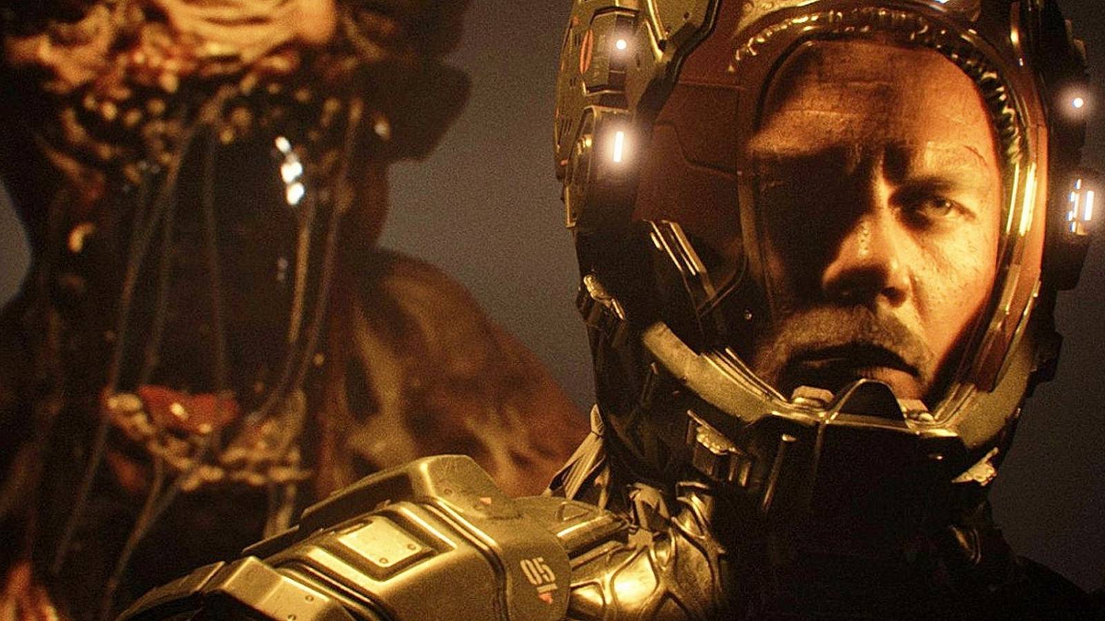 Image from The Callisto Protocol showing a monster approaching Jacob Lee from behind.