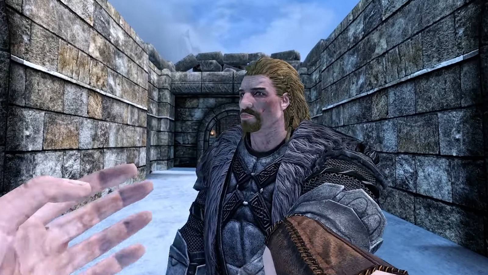 Image from Skyrim VR showing the player dragging Ulfric Stormcloak.