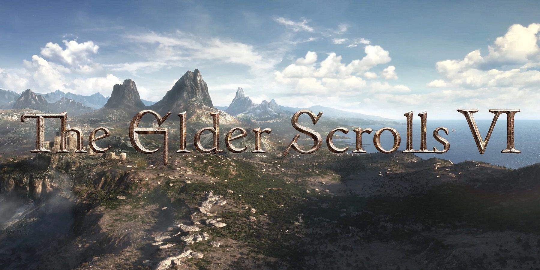 The Elder Scrolls 6 logo with an empty mountainous region behind it.