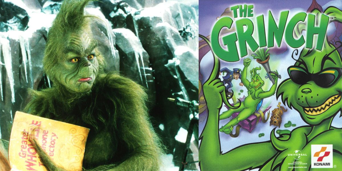 Jim Carrey as The Grinch alonside the Grinch video game cover