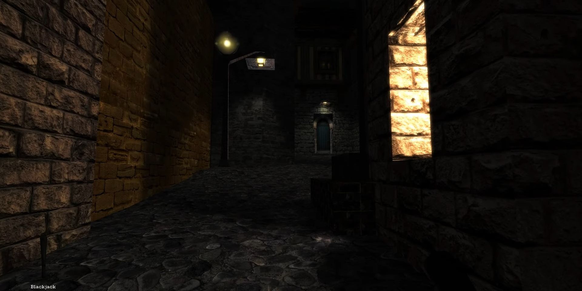A screen from Thief Gold, showing the street at night and the currently hold item, a blackjack
