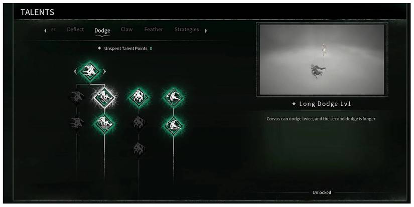 Long Dodge talent information screen in Thymesia