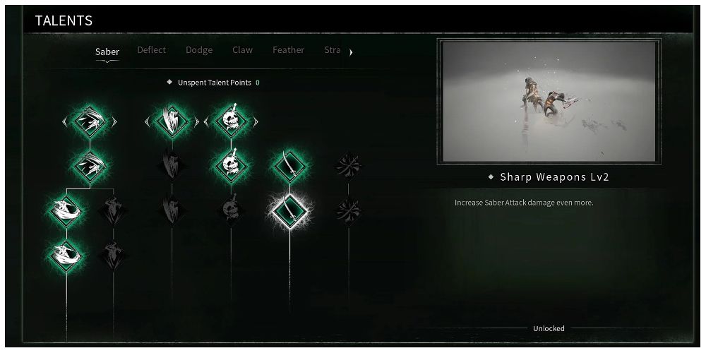 Sharp Weapons talent information screen in Thymesia