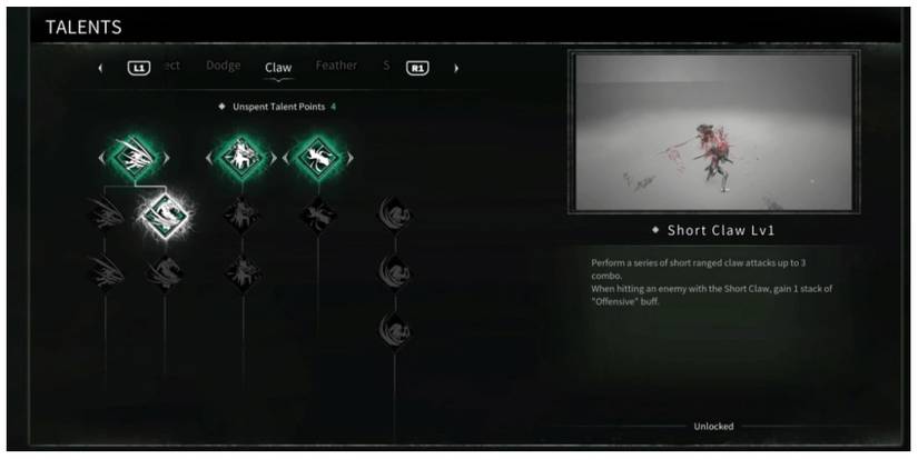 Short Claw talent information screen in Thymesia