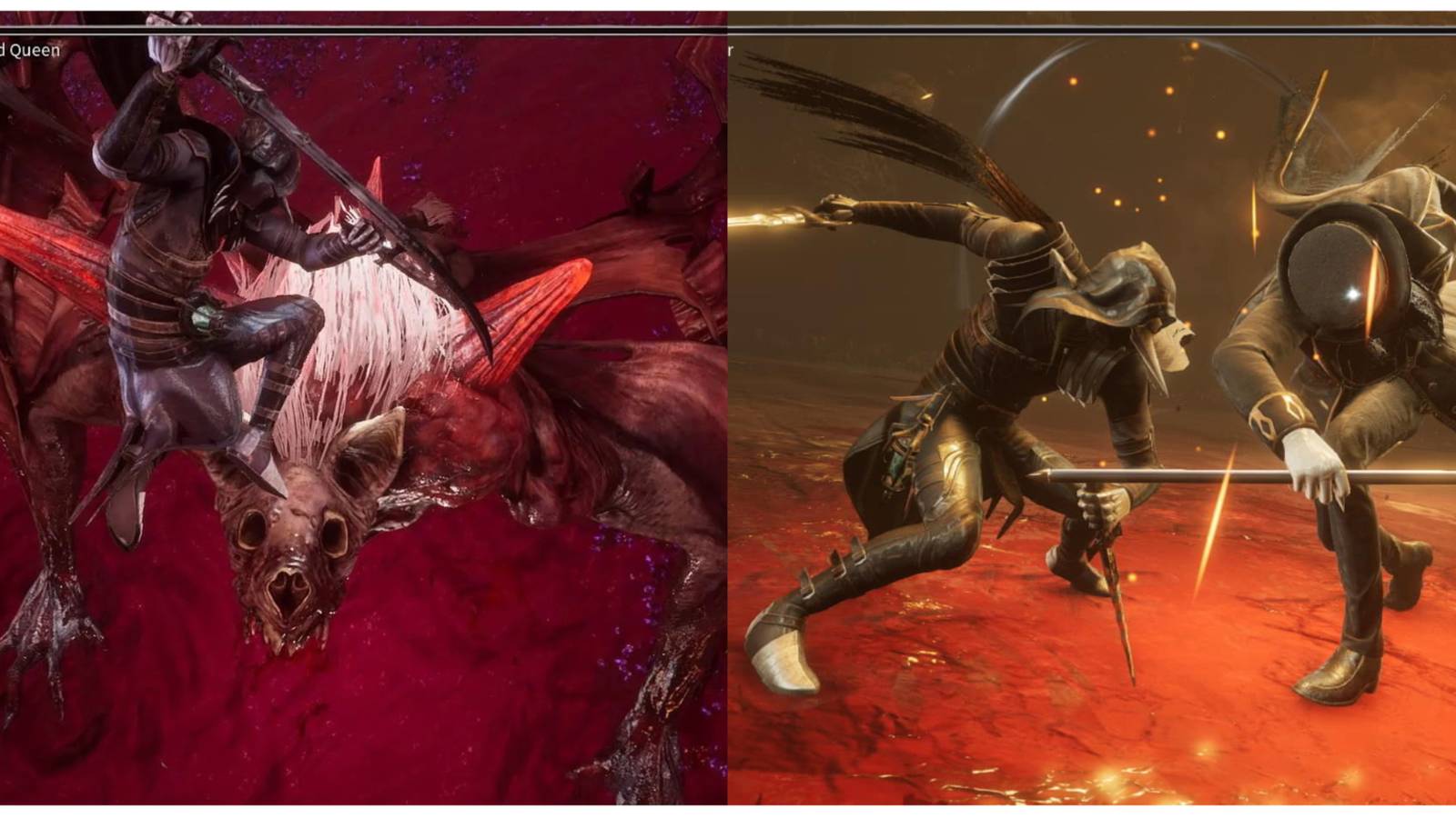 split image of Corvus fighting the Hanged Queen and Corvus fighting Odur in Thymesia