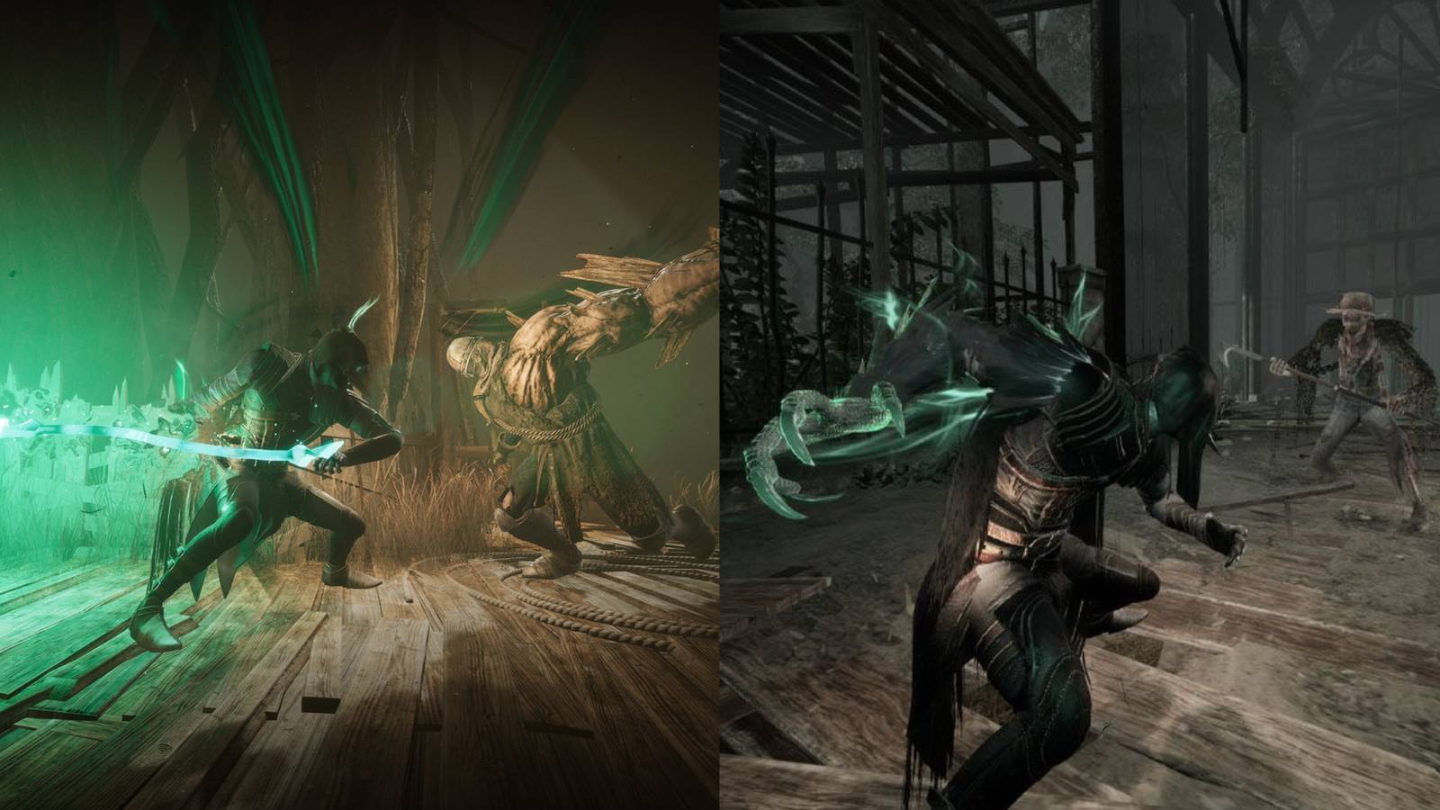 a split image of Corvus in two different battles in Thymesia
