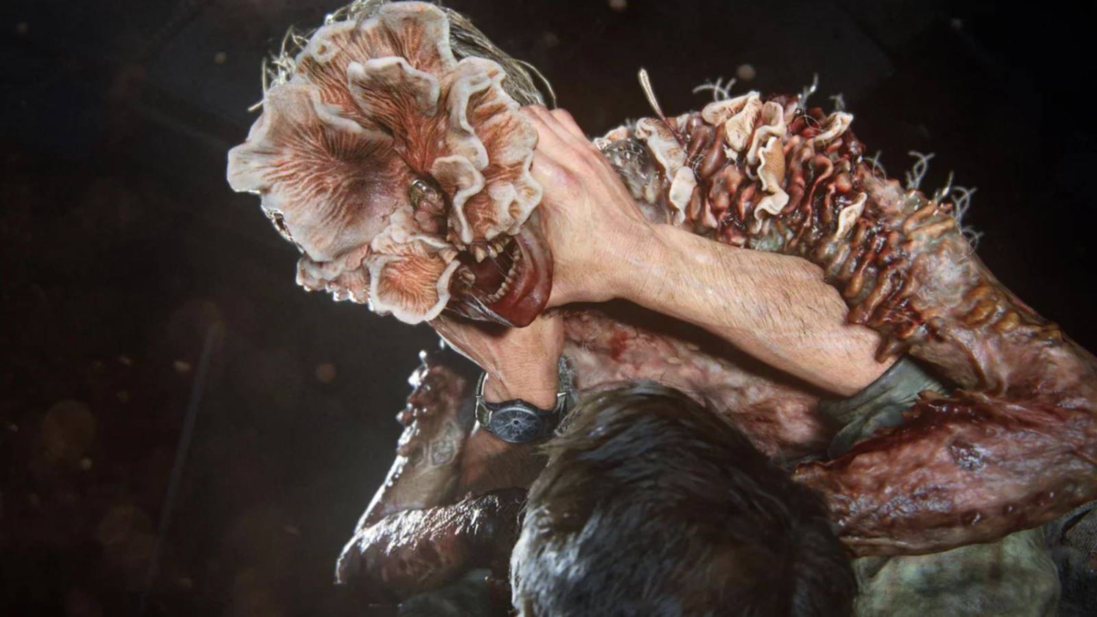 Clicker and Joel wrestling in The Last Of Us