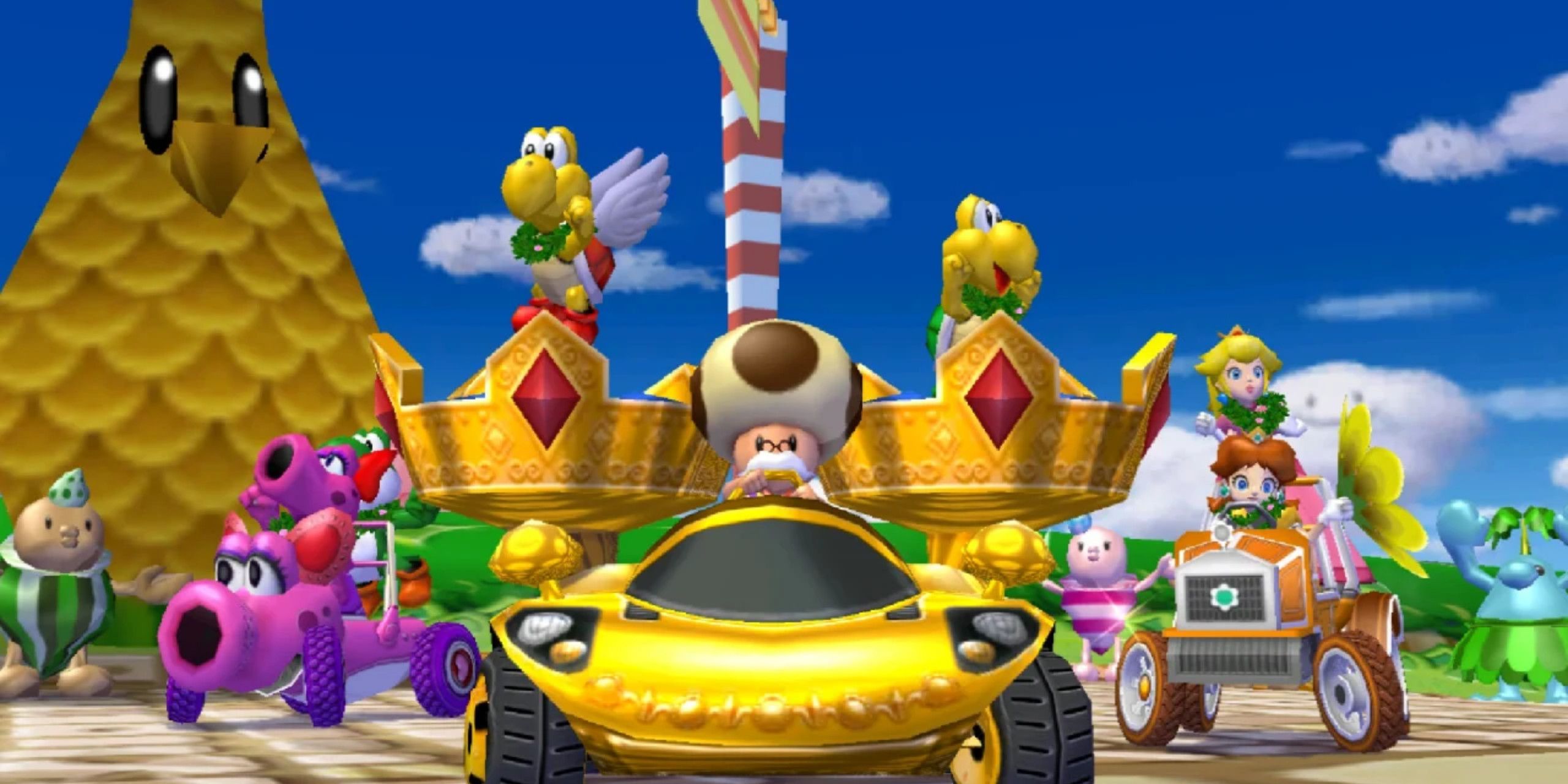 Toadsworth at the head of the line with two yellow Goompas behind him, Birdo, Peach and Daisy