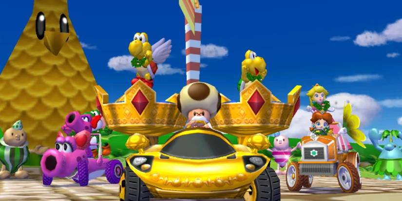 Toadsworth at the head of the line with  two yellow Goompas behind him, Birdo, Peach and Daisy