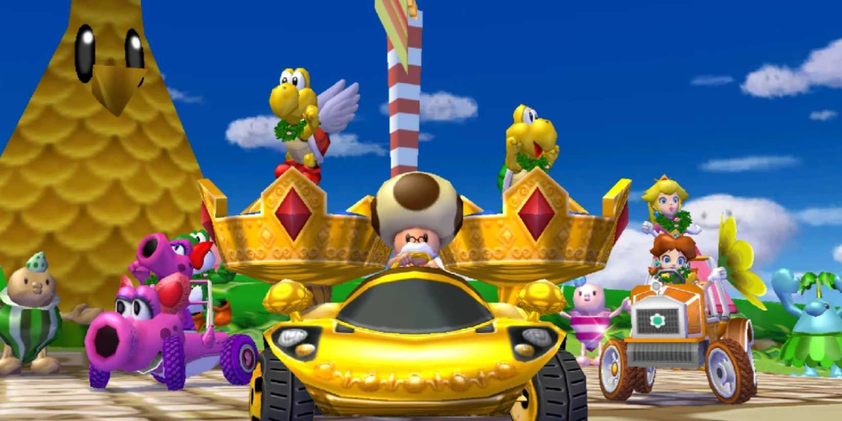 Toadsworth at the head of the line with  two yellow Goompas behind him, Birdo, Peach and Daisy