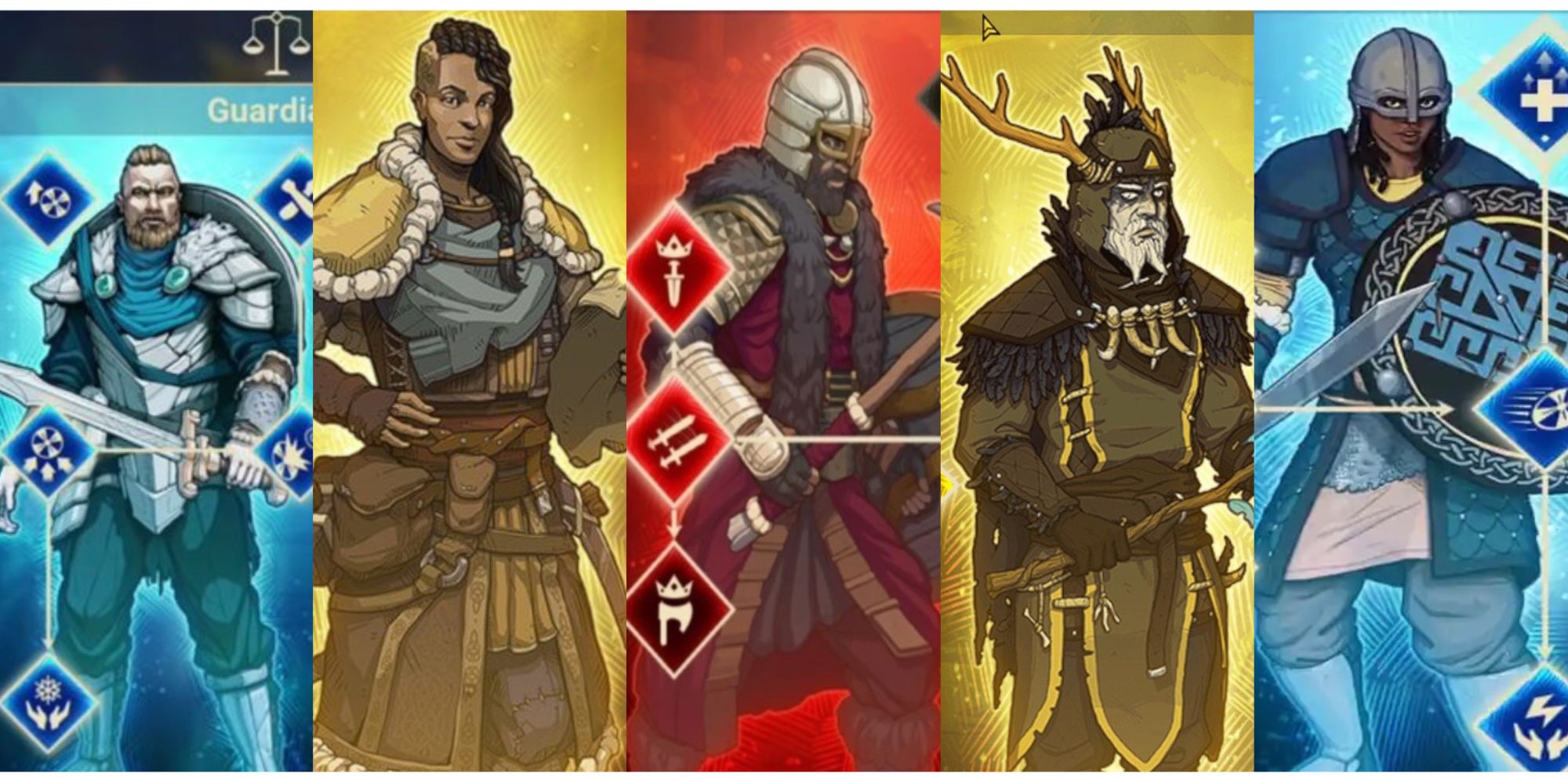 split image of the Guardian, Warden, Warrior, Seer, and Sentinel in Tribes of Midgard