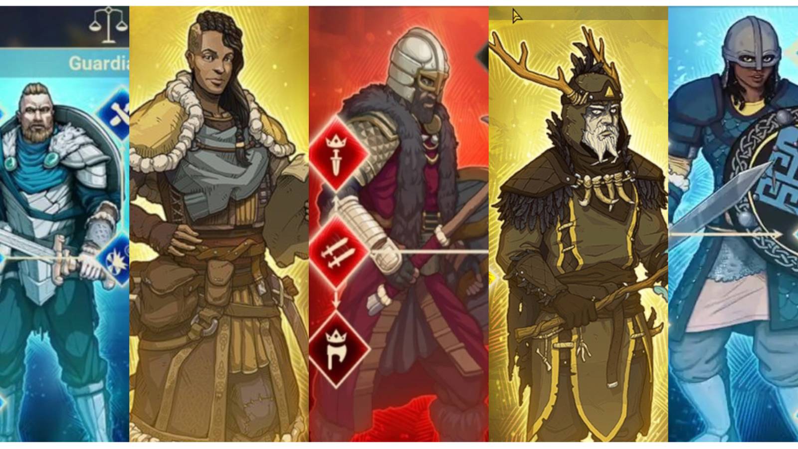 split image of the Guardian, Warden, Warrior, Seer, and Sentinel in Tribes of Midgard