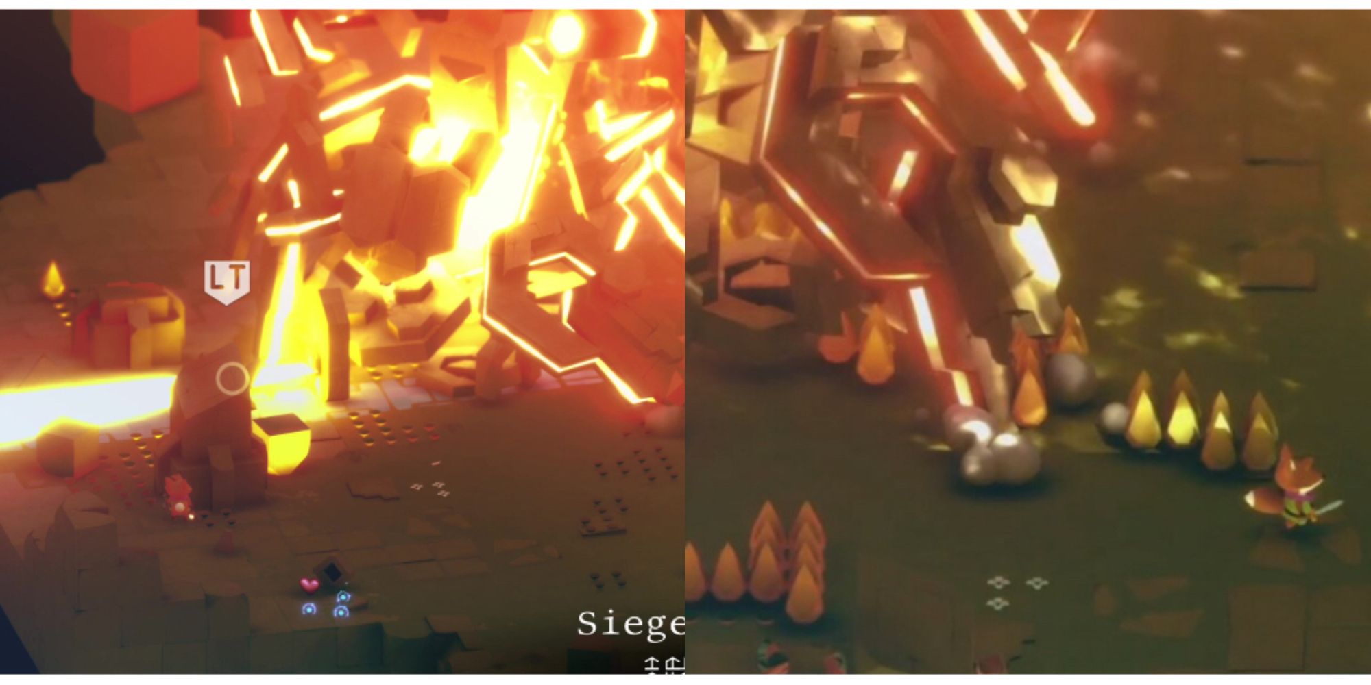 split image of battling the Siege Engine in Tunic