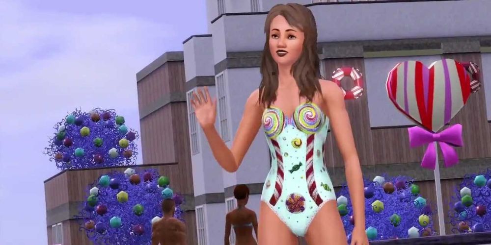 Sims Woman Waving In Katy Perry Outfit By Candy Trees and Giant Lollipop