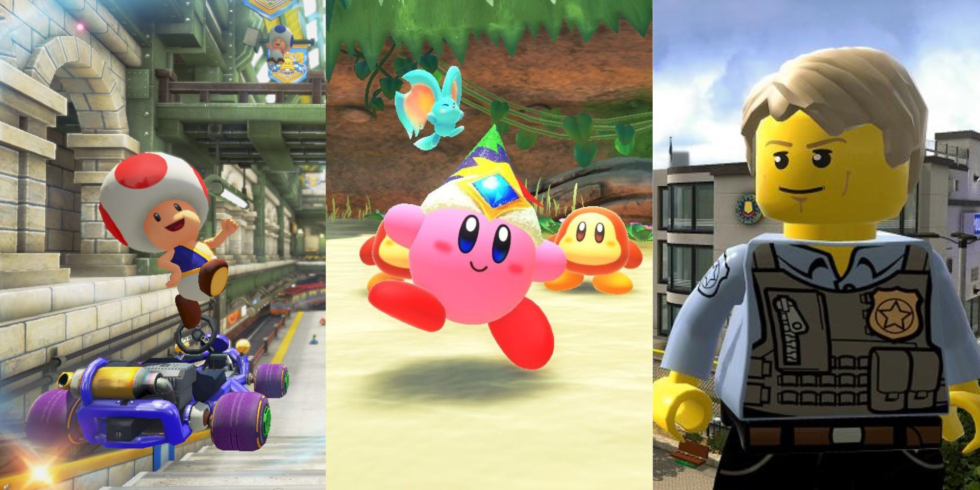 Toad waving on kart from Mario Kart 8, Kirby dancing in front of waddle dees and elfilin, and Chase McCain from Lego City Undercover
