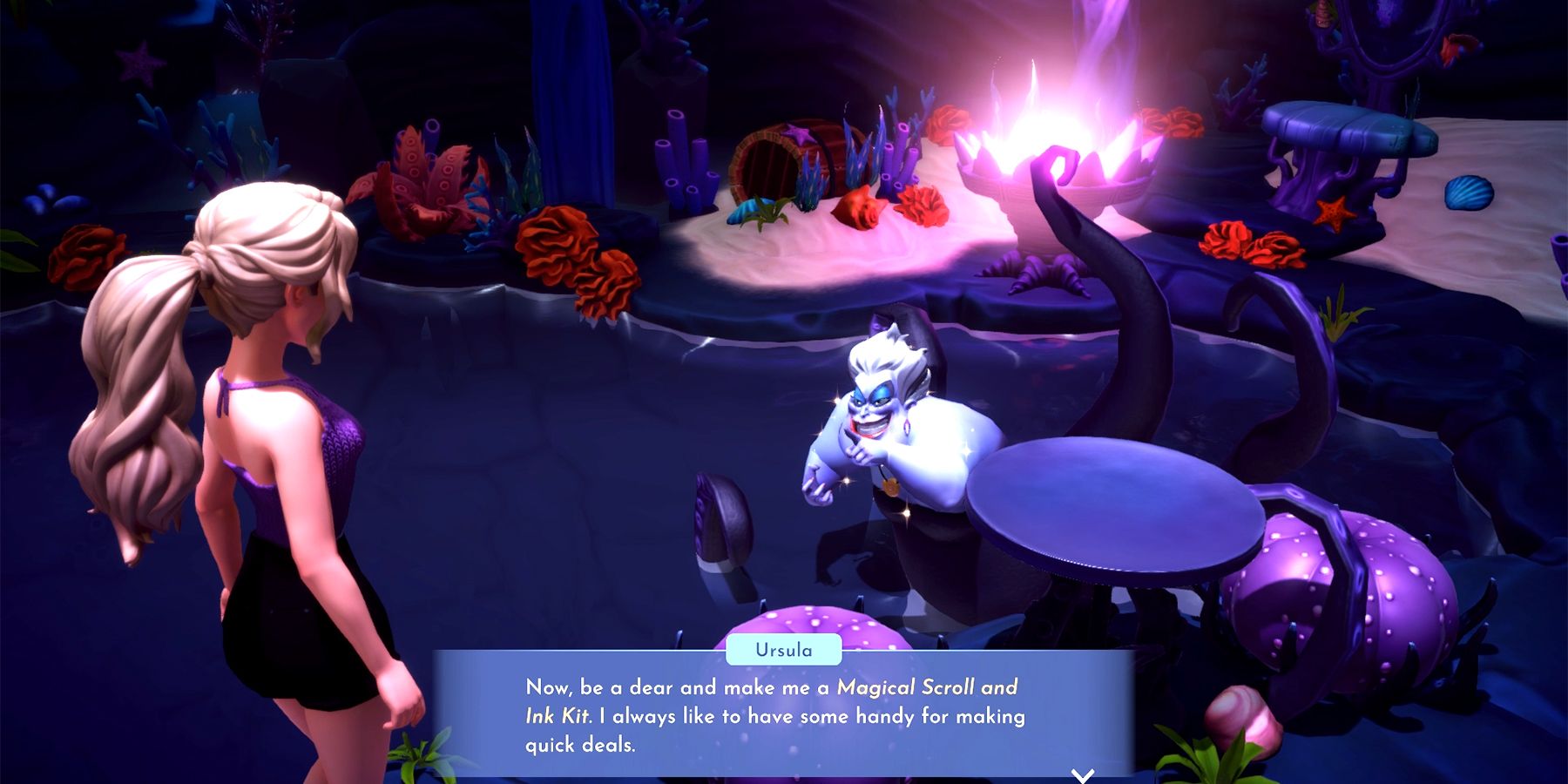 ursula asks for magical scroll and ink kit in disney dreamlight valley