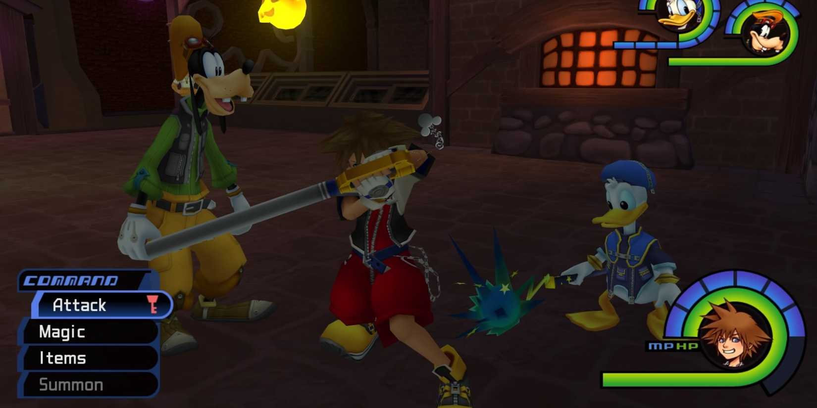 Sora blocking with the Keyblade in Kingdom Hearts