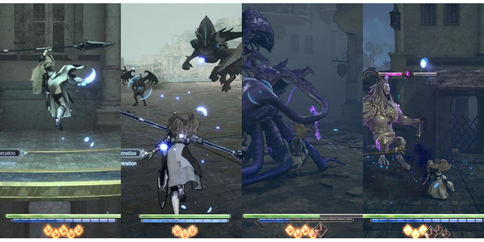 split image of the Valkyrie in four different battles in Valkyrie Elysium