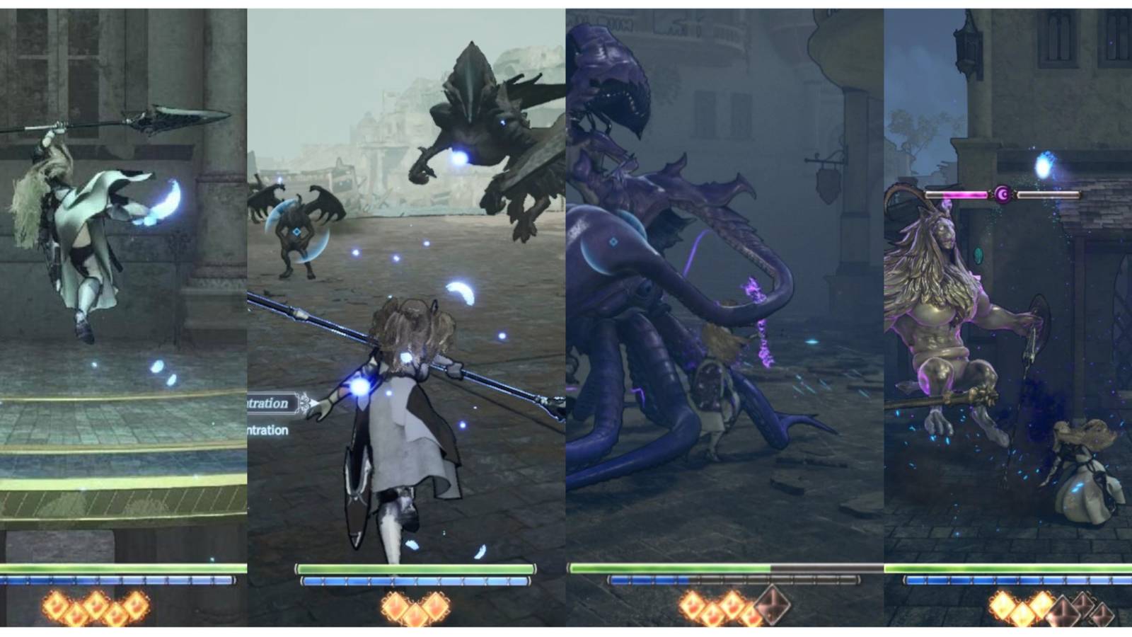 split image of the Valkyrie in four different battles in Valkyrie Elysium