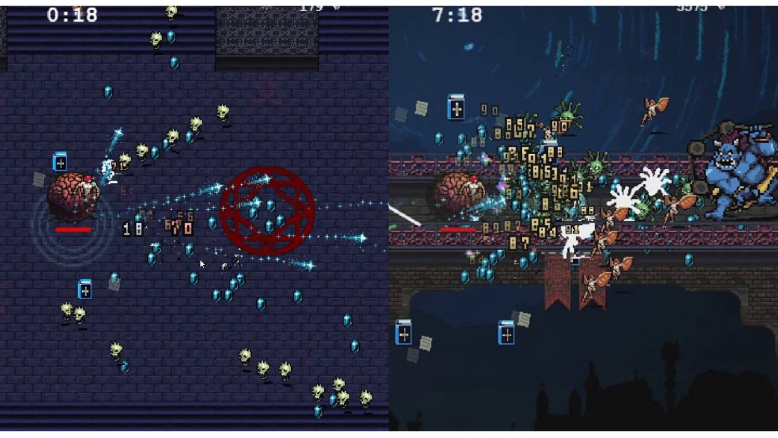 split image of a battle in Gallo Tower and a battle with Scorej-Oni in Vampire Survivors
