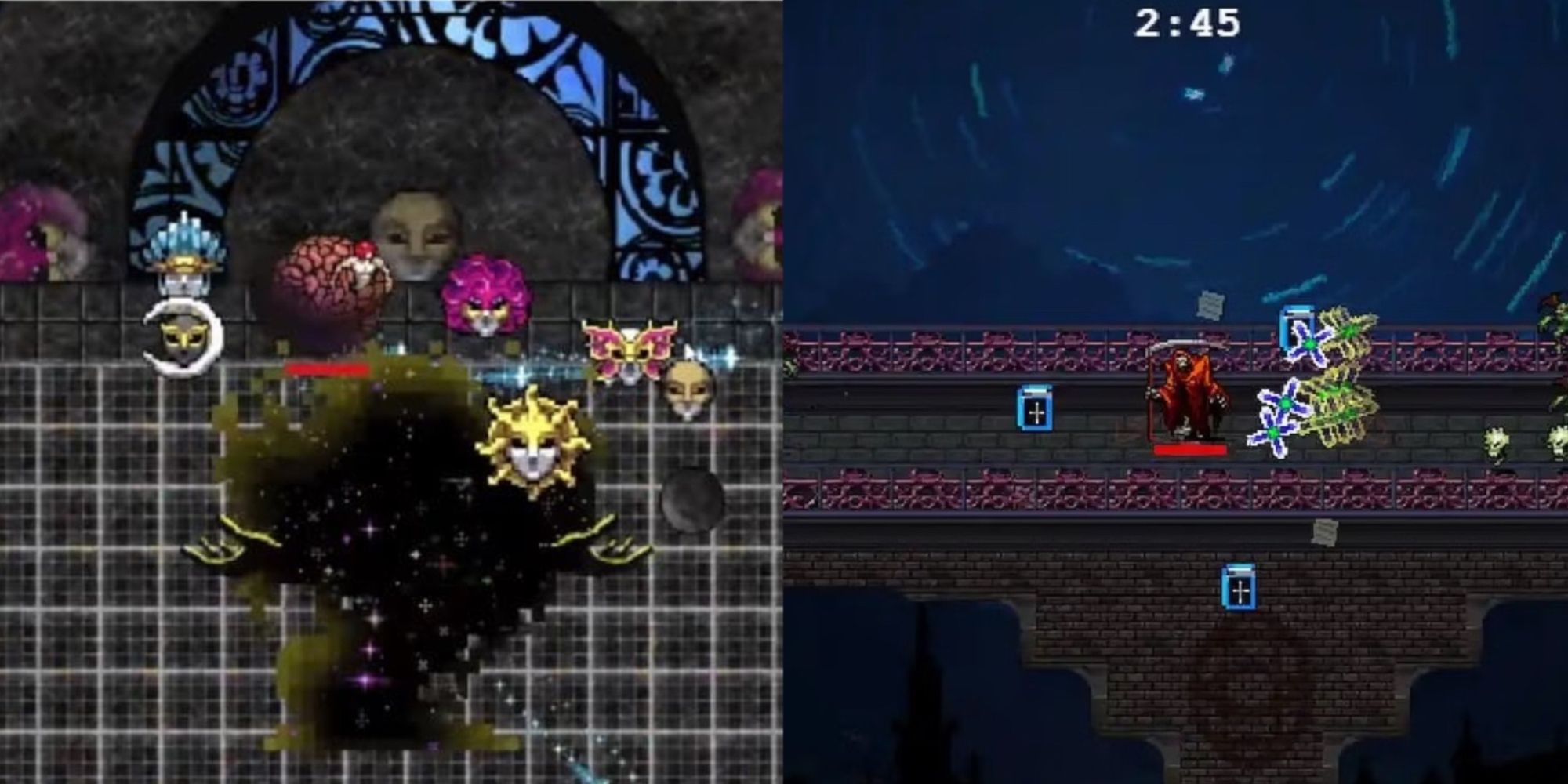 split image of Eudaimonia Machine Entity and Tiny Bridge Stage in Vampire Survivors