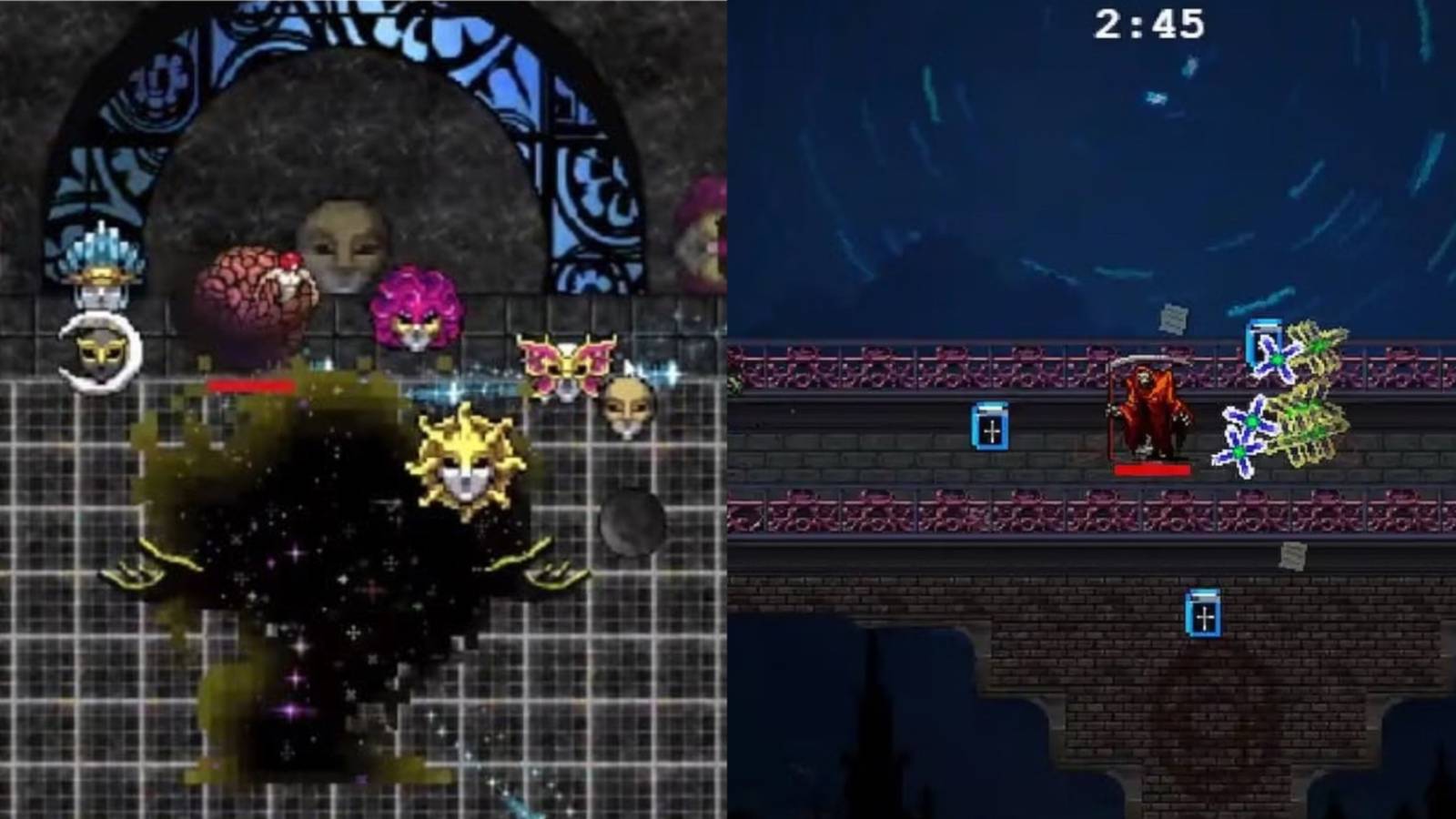 split image of Eudaimonia Machine Entity and Tiny Bridge Stage in Vampire Survivors