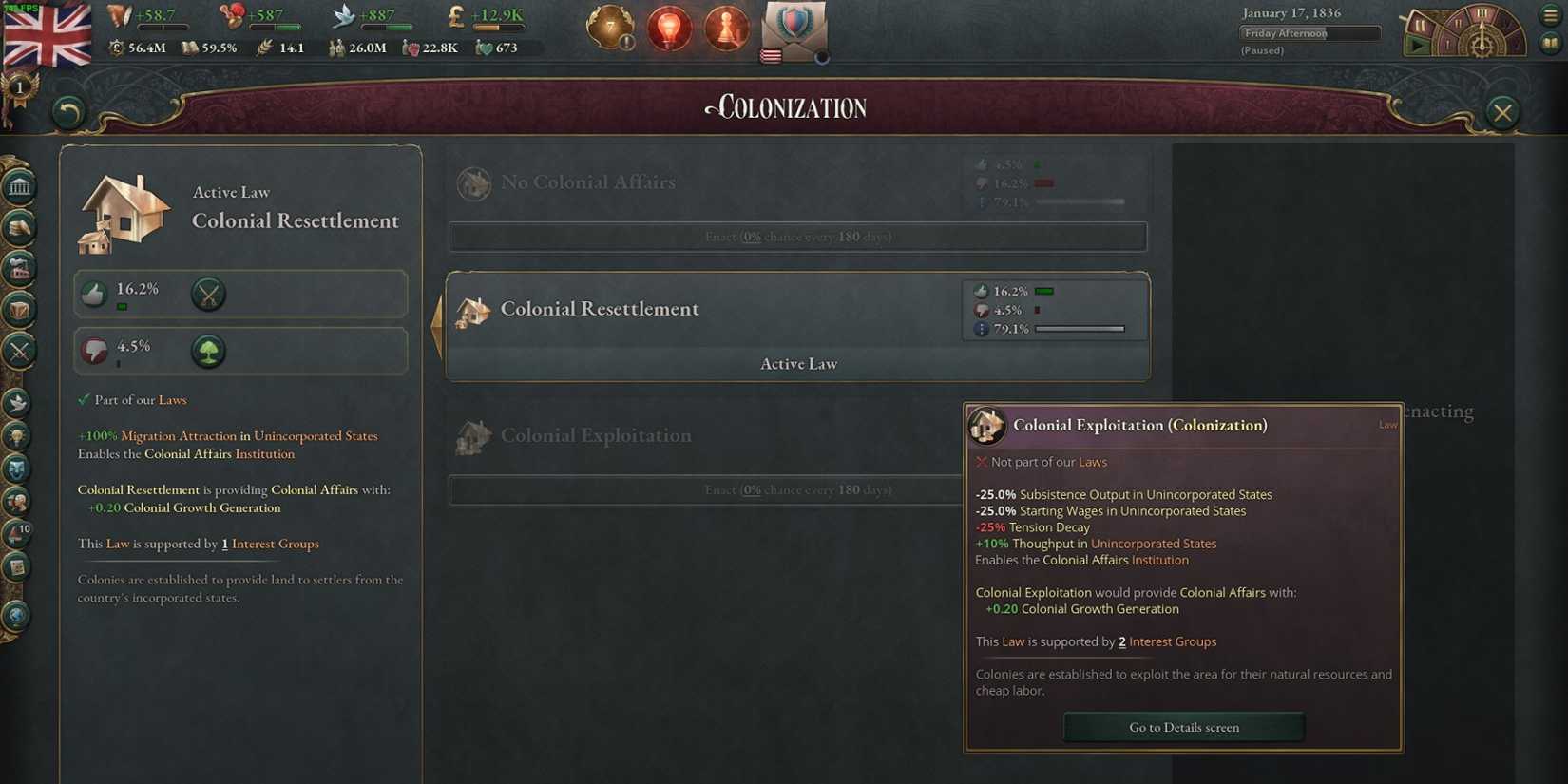 Victoria 3 Government Laws for Colonial Affairs