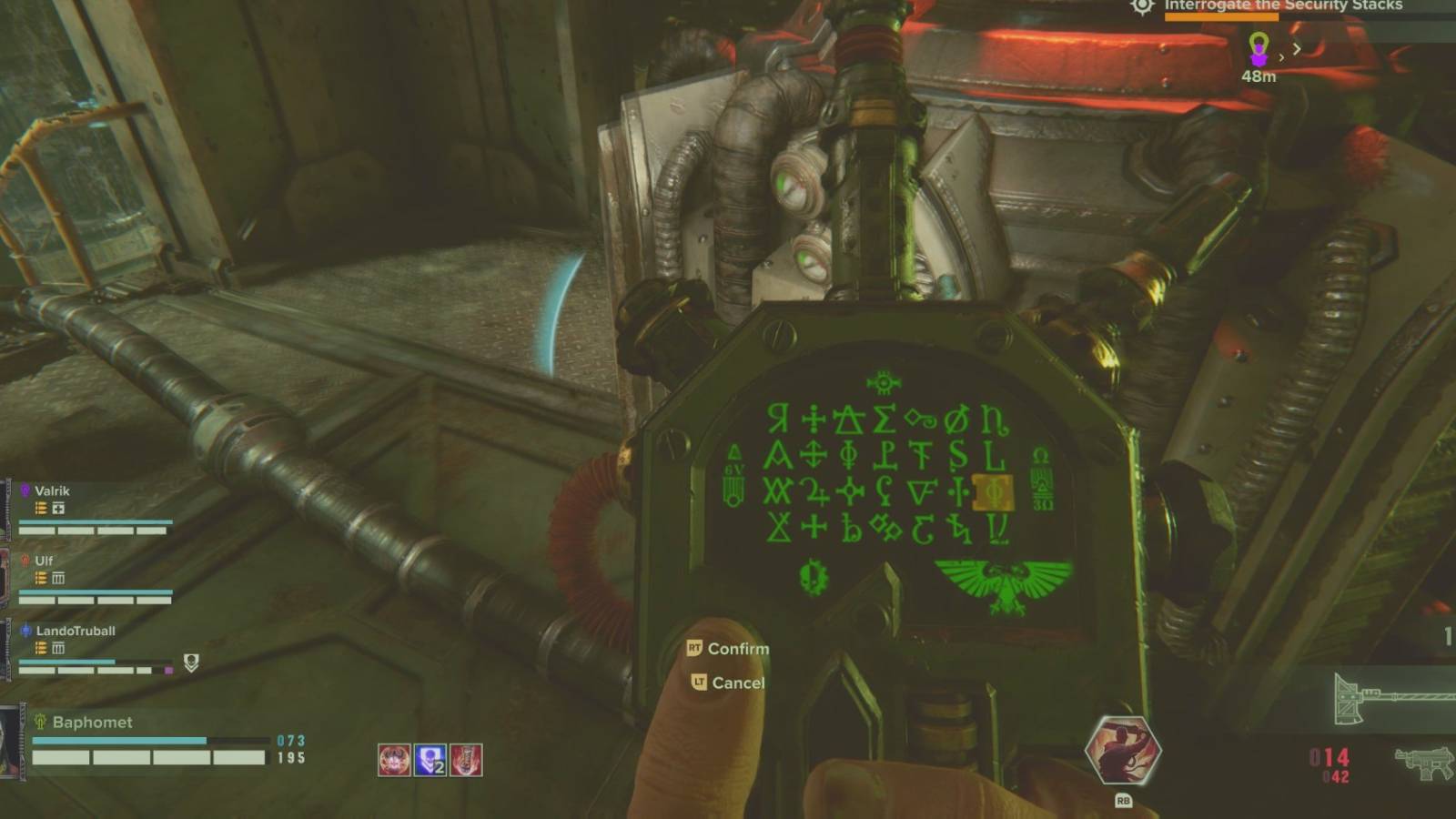 An up close shot of the auspex being used to reboot the data interrogator