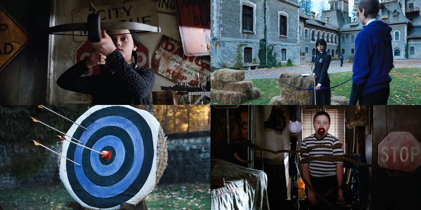 Wednesday in the 1991 Addams Family movie shooting an apple in Pugsley's mouth, and Wednesday in the 2022 spinoff shooting an apple with a bow and arrow at a target
