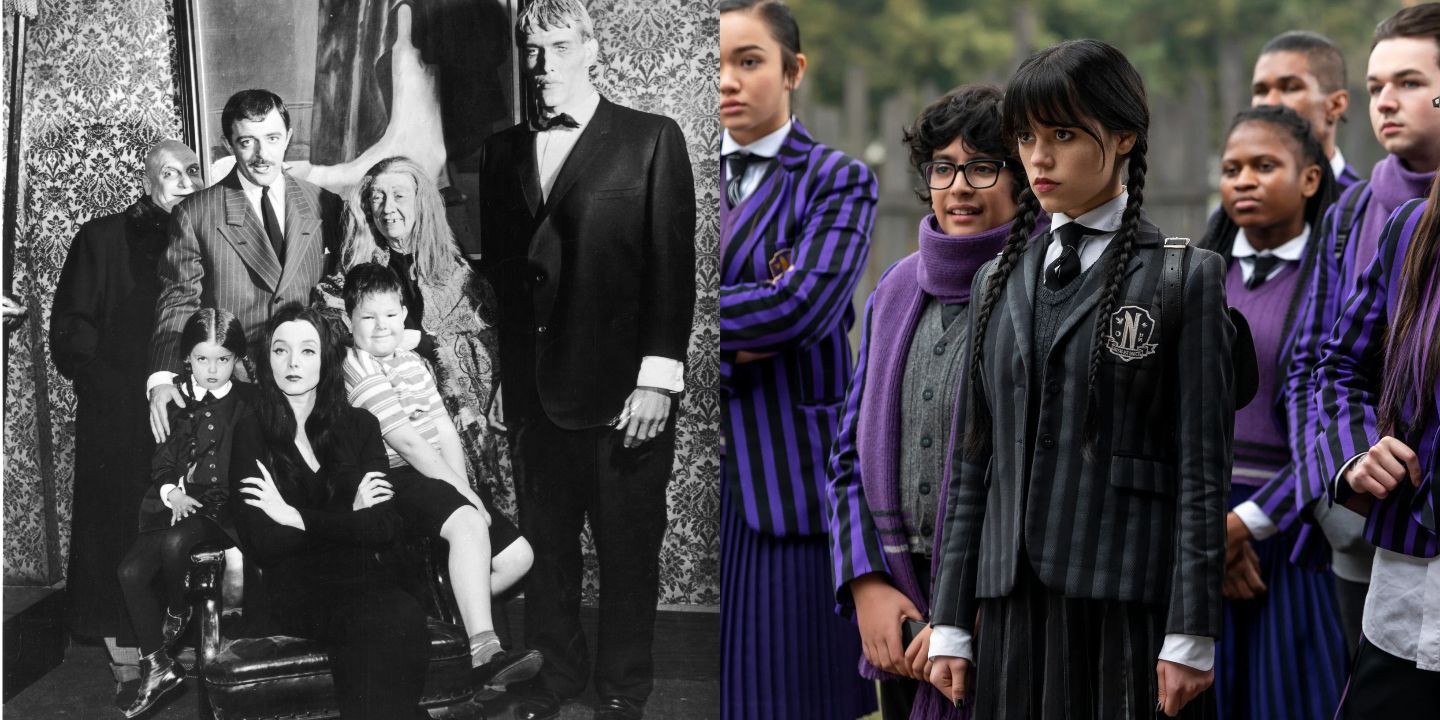 The original TV Addams Family cast and Wednesday at Nevermore in the 2022 spinoff series