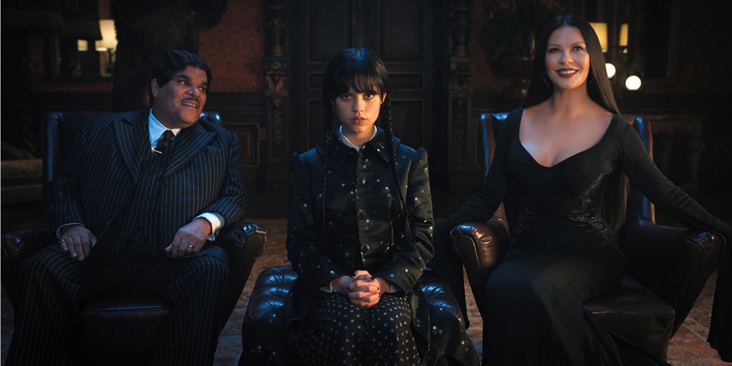 Gomez, Wednesday, and Morticia Addams in the 2022 spinoff series