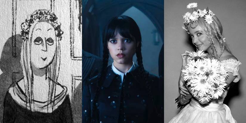 Ophelia Frump from the original cartoon, Wednesday Addams in the 2022 spinoff, and Ophelia Frump in the 1964 sitcom