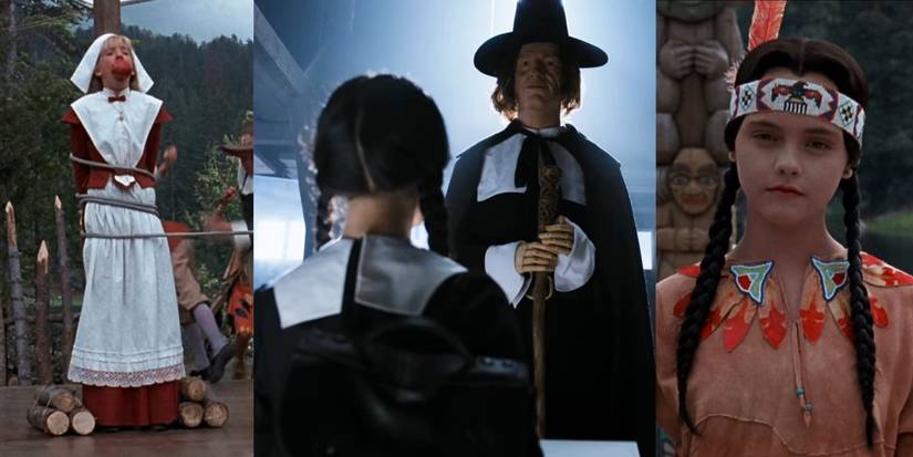 Amanda from Addams Family 1991 dressed as a Pilgrim, Wednesday in the 2022 series looking at a wax figure of Joseph Crackstone, and Wednesday as Pocahontas in the 1991 movie