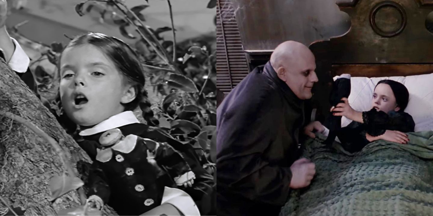Wednesday Addams in the original TV show with her headless doll, and Wednesday Addams in the 1991 movie with her headless doll