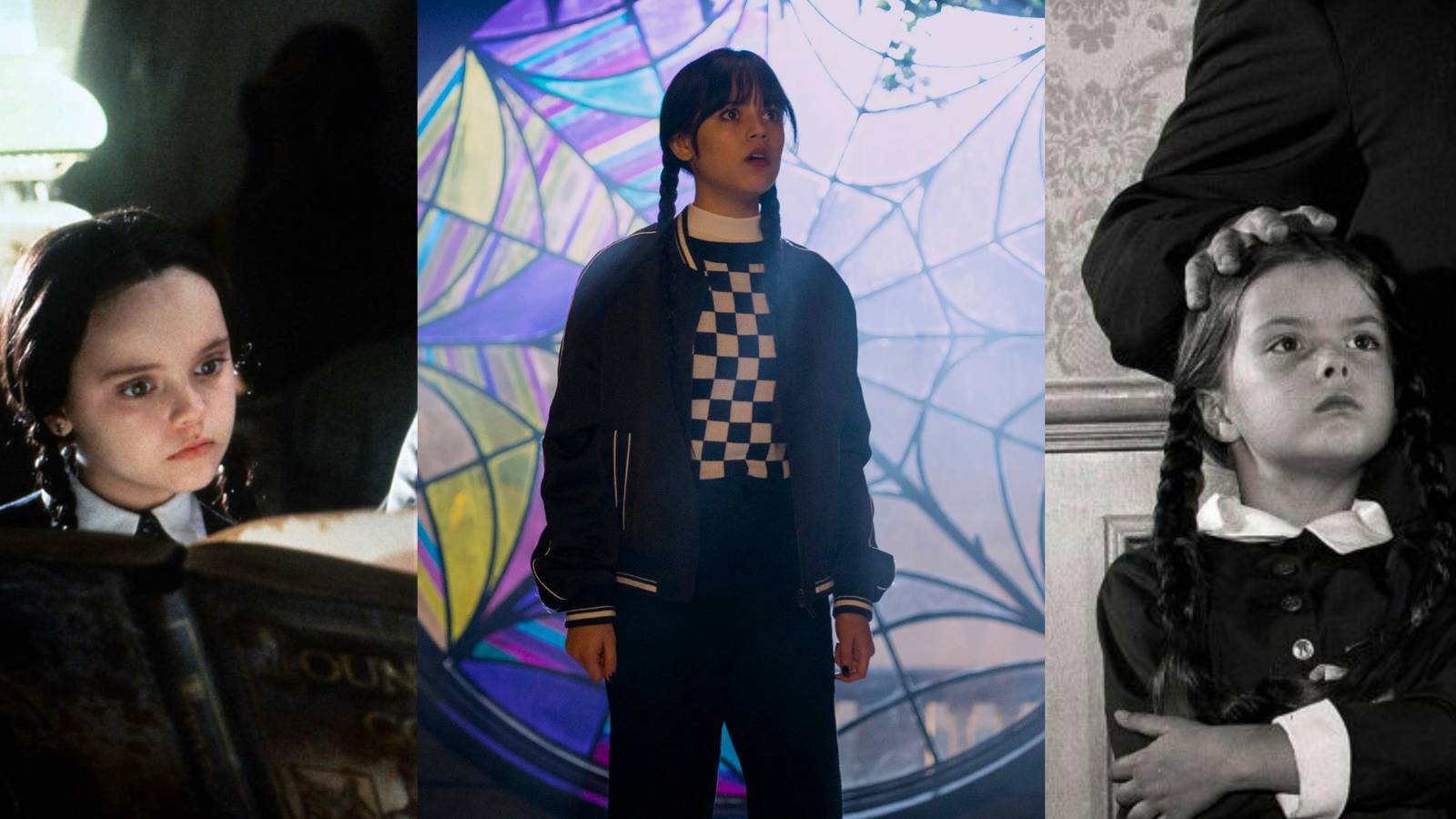 Wednesday Addams in the 1991 movie, the 2022 spinoff series, and the originak black and white series
