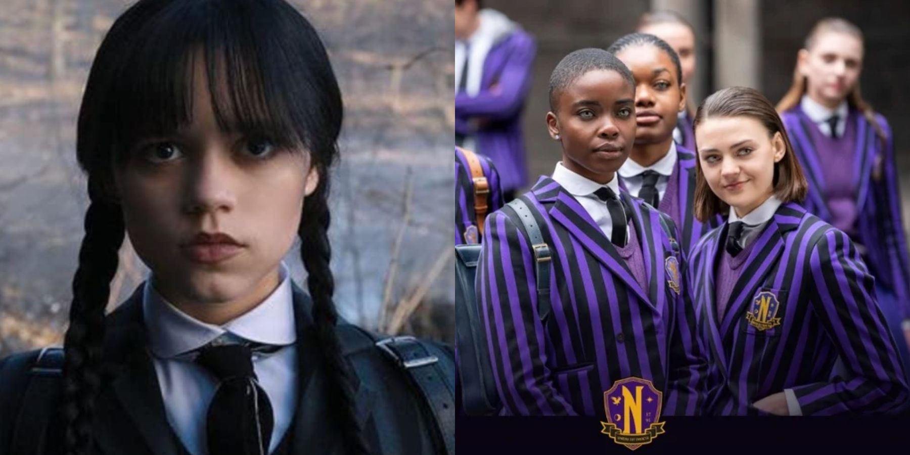 Split image of Jenna Ortega and Joy Sunday in Wednesday