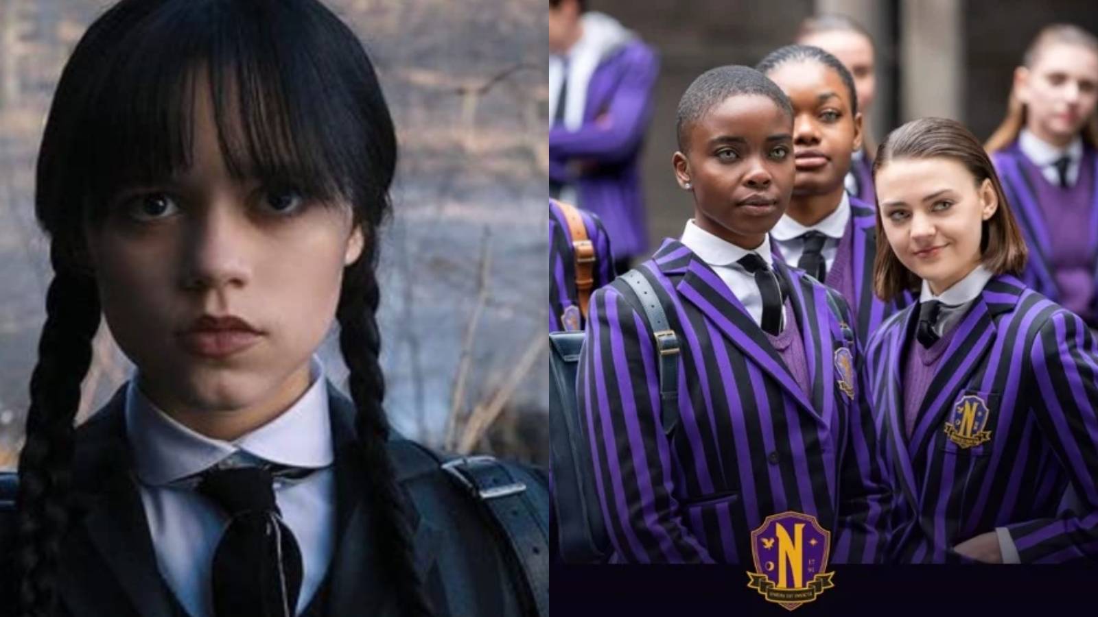 Split image of Jenna Ortega and Joy Sunday in Wednesday